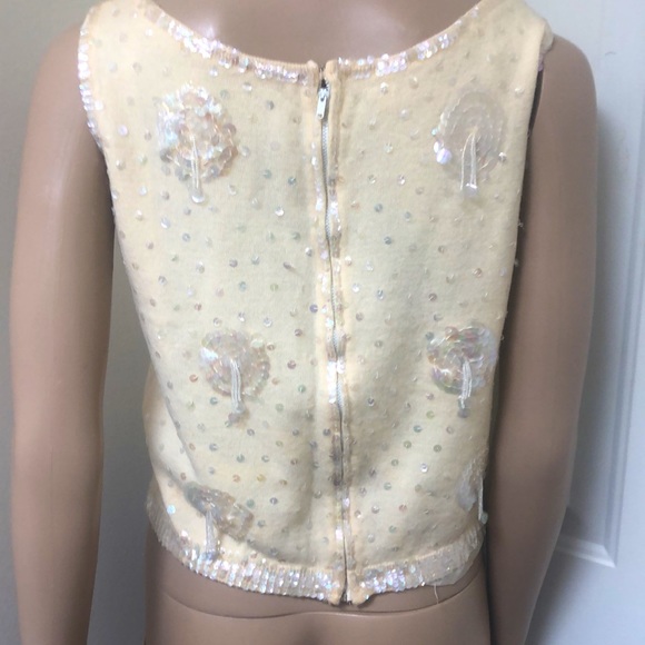 VTG 60s Vanilla Sleeveless Sequins Beaded Sweater Lined Wool Tassels Back Zip - Picture 4 of 9